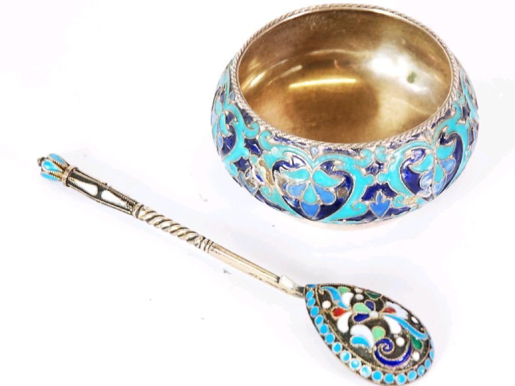 Appraisal: RUSSIAN SILVER COLOURED METAL Standard AND CLOISONNE OPEN SALT circular