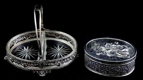 Appraisal: DUTCH CIRCULAR TOILET BOX REPOUSSE TAVERN SCENE AND SWING HANDLED