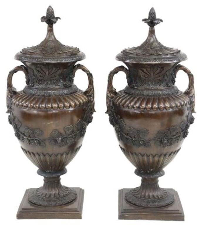 Appraisal: pair Large patinated bronze lidded urns late th c pinecone