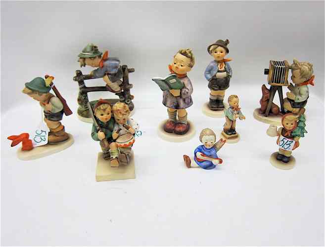 Appraisal: NINE GERMAN HUMMEL PORCELAIN FIGURINES TM- - ''Retreat to Safety