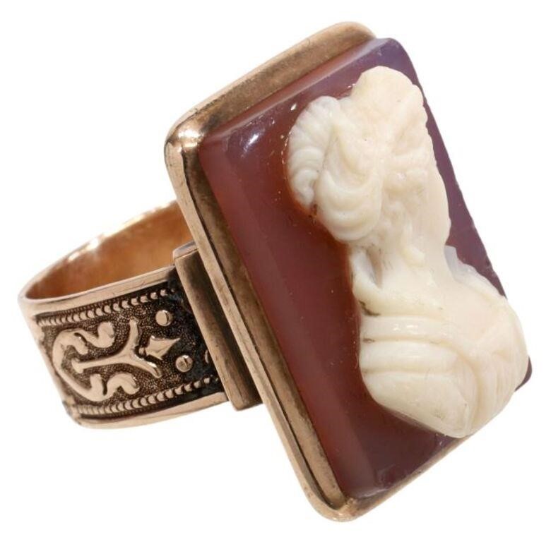 Appraisal: Estate kt tested rose gold ring carved hardstone cameo with