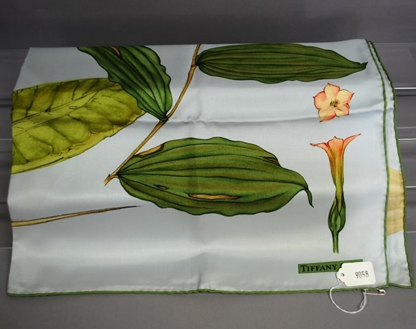 Appraisal: Tiffany Co blue green botanical print silk scarf Approx size