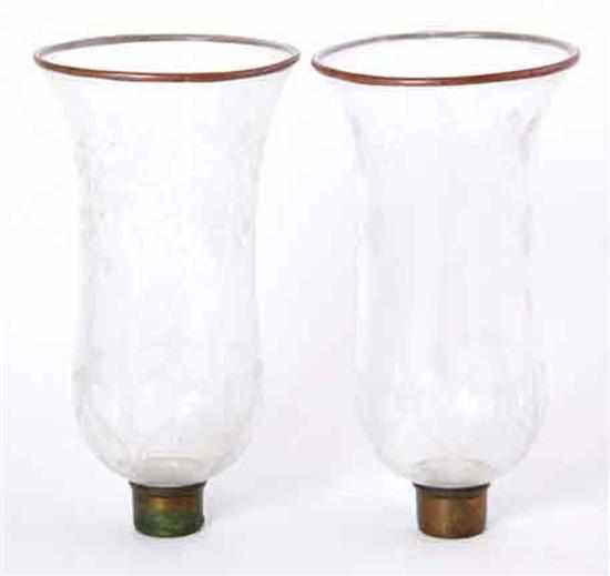 Appraisal: Pair etched glass hurricane shades th century tulip-form shade decorated