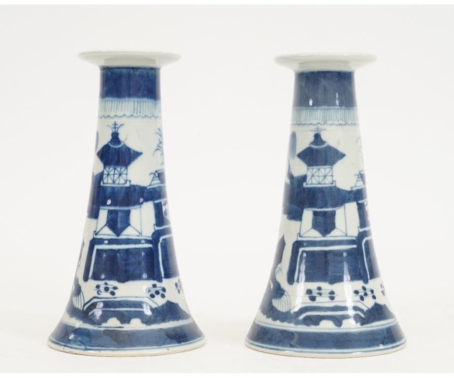 Appraisal: Pair of Chinese Canton blue and white candlesticks h x