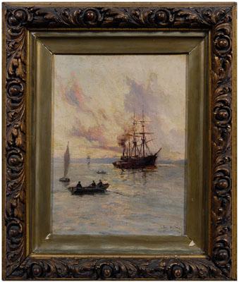 Appraisal: Joe Milne painting British - harbor with three-masted steamer signed