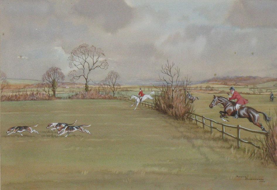 Appraisal: NINETTA BUTTERWORTH A huntsman taking a fence with hounds to