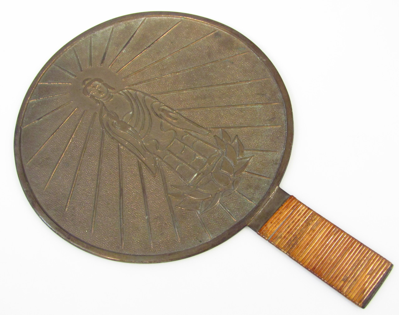 Appraisal: A early thC bronze hand mirror the circular body raised