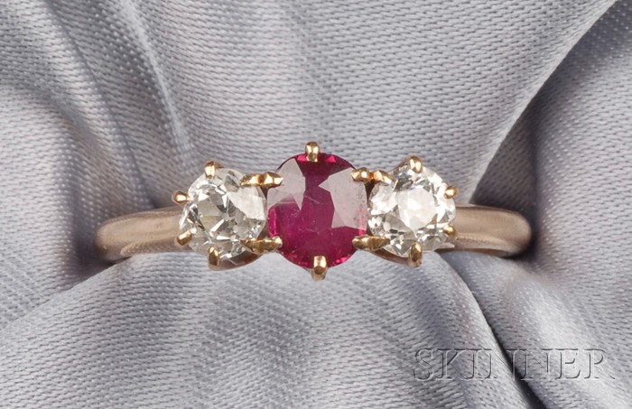 Appraisal: Antique Ruby and Diamond Three-Stone Ring prong-set with a cushion-cut