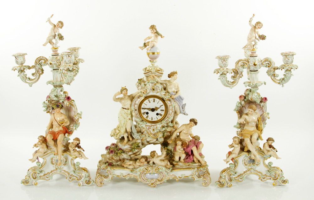 Appraisal: - Meissen Figural Clock and Matching Candelabras Meissen figural clock