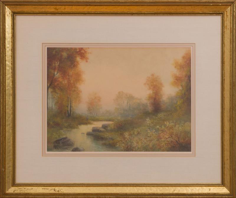 Appraisal: WILLIAM GEORGE RUSSELL - AUTUMN LANDSCAPE WITH FISHERMAN Watercolor on