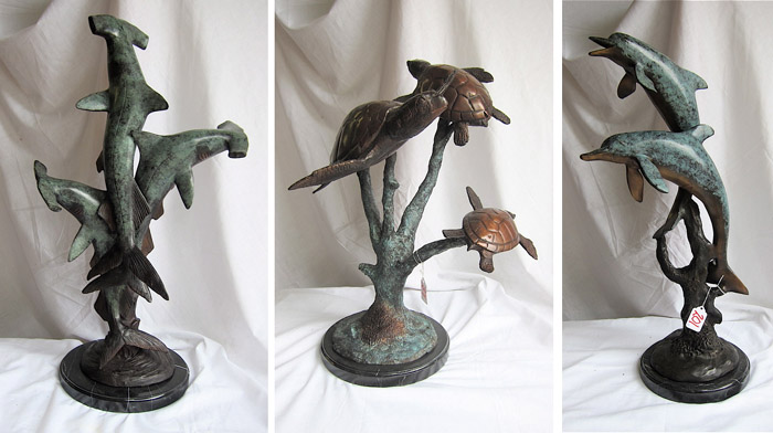 Appraisal: THREE BRONZE MARINE WILDLIFE SCULPTURES hammerhead shark group H sea