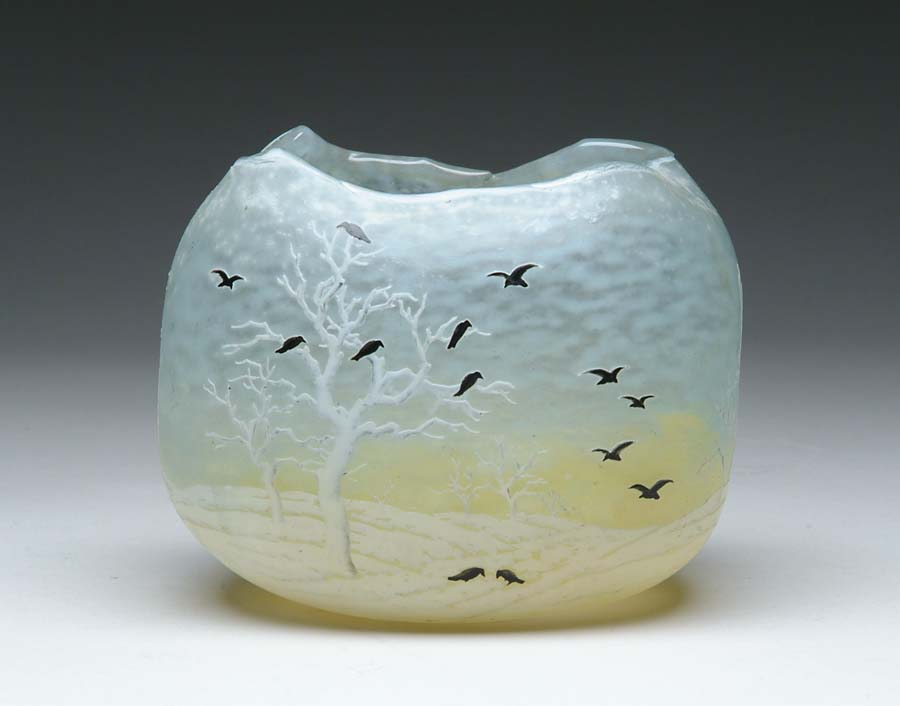 Appraisal: DAUM BLACKBIRD VASE Exceptional Daum vase has cameo and enamel