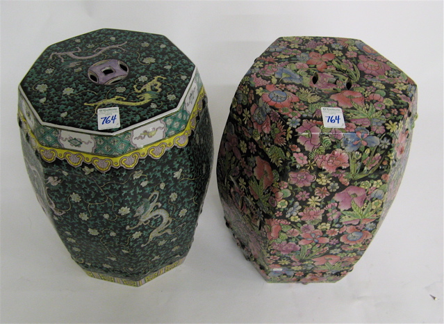 Appraisal: TWO CHINESE FAMILLE NOIRE PORCELAIN GARDEN STOOLS each an hexagonal