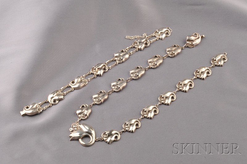 Appraisal: Sterling Silver Suite Georg Jensen USA the necklace composed of