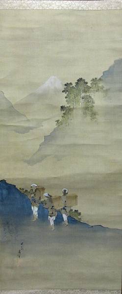 Appraisal: After Hokusai Rural scenes Set of three hanging scrolls ink