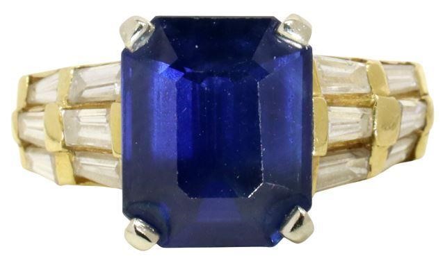 Appraisal: Estate kt yellow gold ring one emerald cut blue sapphire