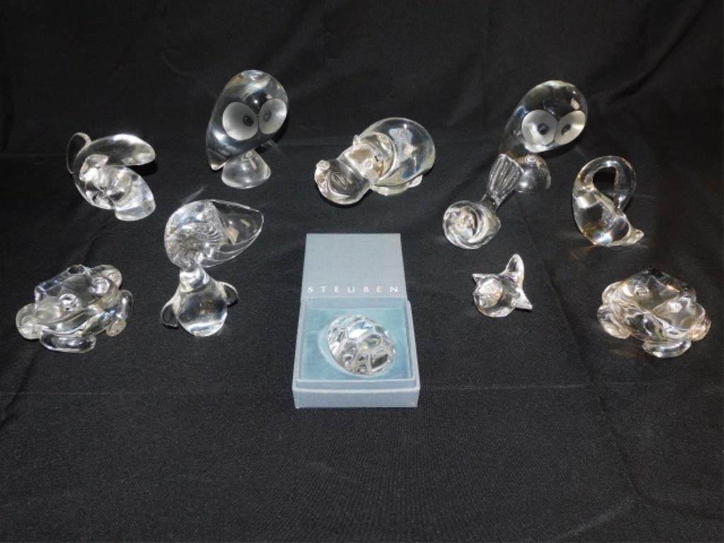 Appraisal: STEUBEN CRYSTAL FIGURES TO INCLUDE OWLS frogs a hippo a