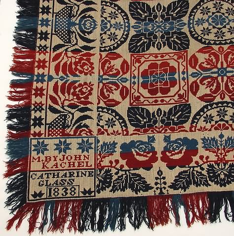 Appraisal: Blue red and off white coverlet with M By John