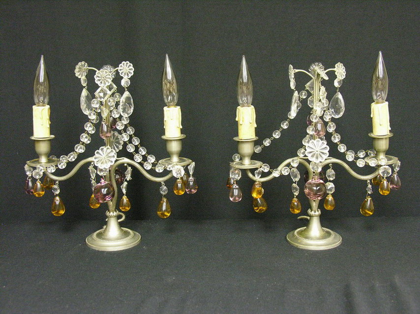 Appraisal: PAIR S PEWTER AND CRYSTAL VANITY LAMPS Estate lot Unsigned