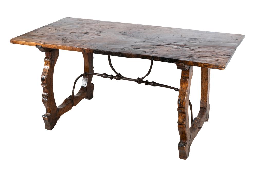 Appraisal: SPANISH CARVED WALNUT TRESTLE TABLE th th century with iron