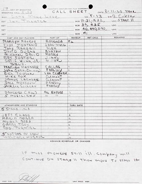 Appraisal: A Marilyn Monroe set of call sheets from Let's Make