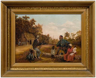 Appraisal: African-American genre painting fiddle player and family in cabin yard