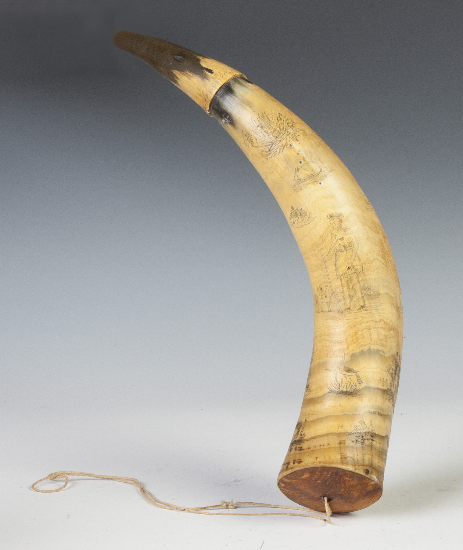 Appraisal: Powder Horn Engraved by Levi Tottem C With various animals