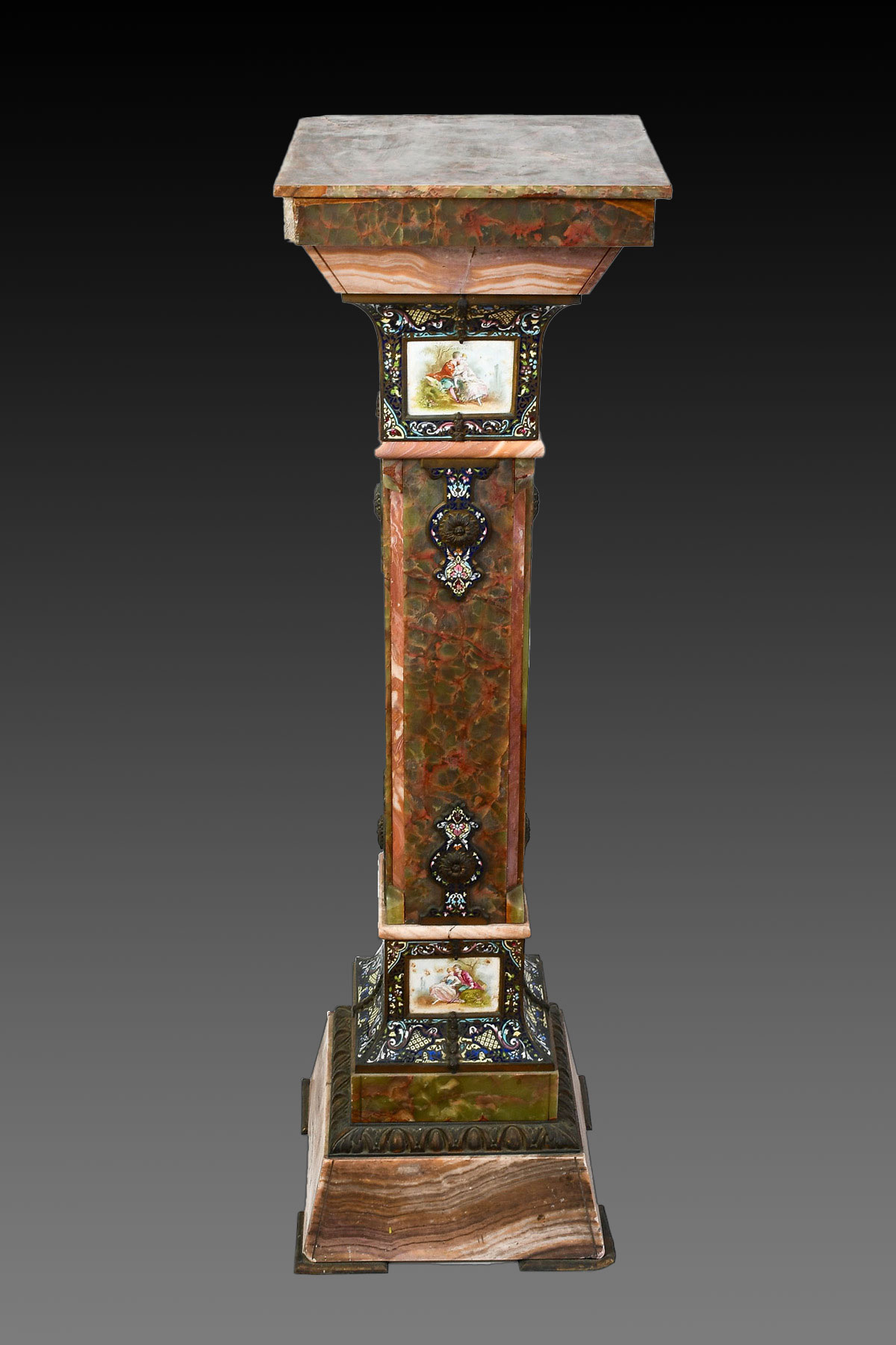 Appraisal: FRENCH CHAMPLEVE ENAMELED ONYX AND MARBLE MOUNTED PEDESTAL Having hand-painted