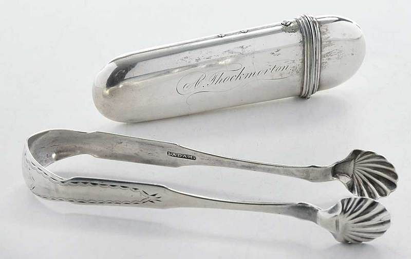 Appraisal: Virginia Coin Silver Tongs and Eye Glass Case American th