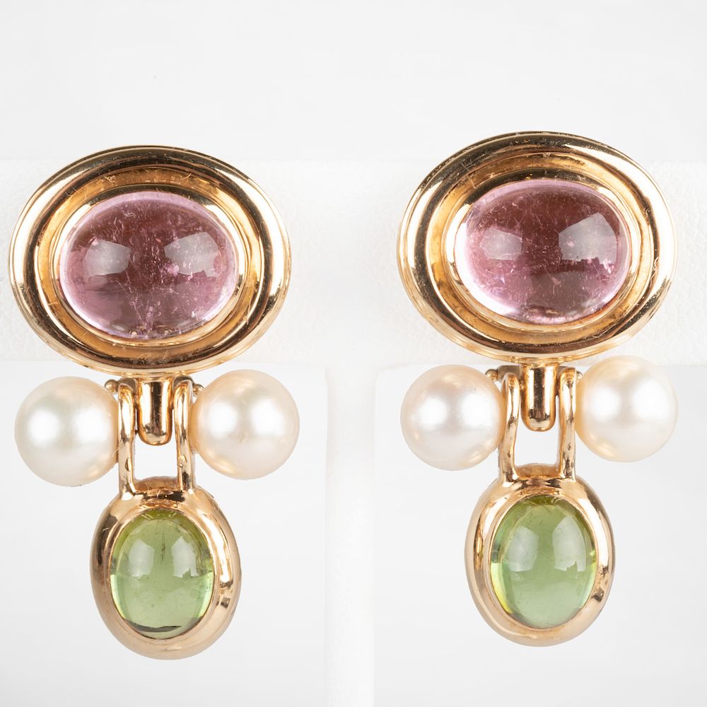 Appraisal: Pair of K Yellow Gold Pink and Green Tourmaline and