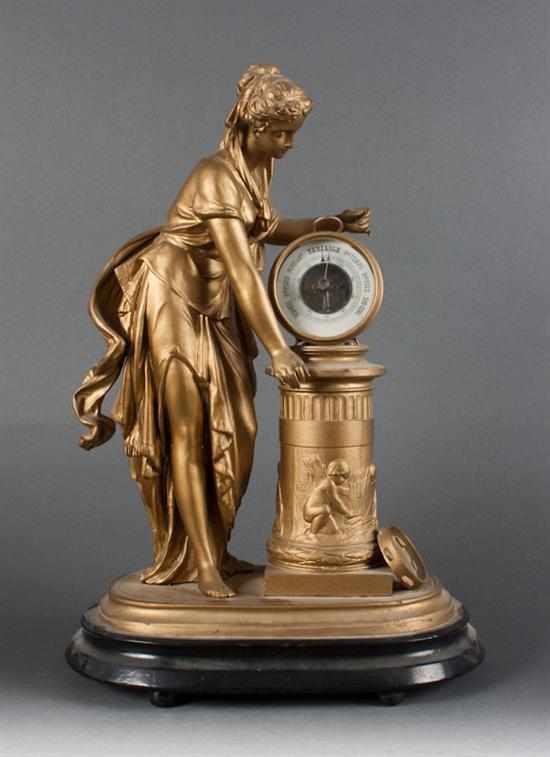 Appraisal: French gold painted spelter figural barometer second half- th century