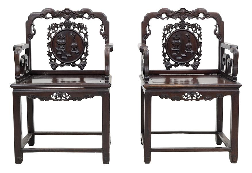 Appraisal: A PAIR OF CHINESE LIGNUM VITAE THRONE CHAIRS each with