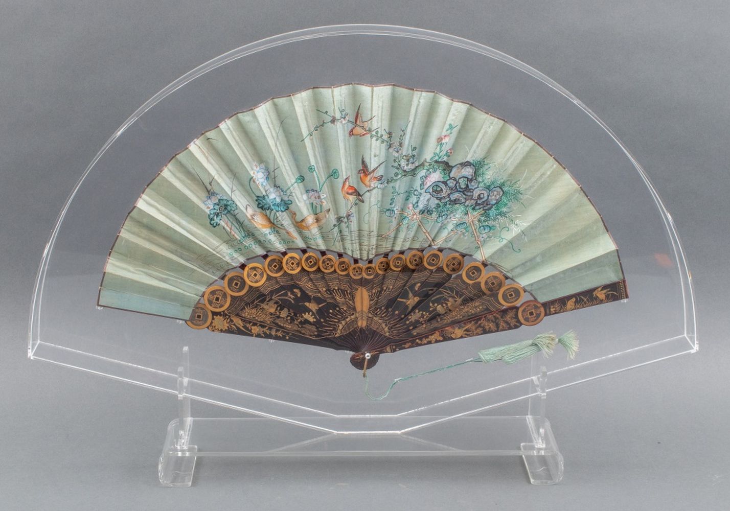 Appraisal: CHINESE HAND PAINTED FAN WITH GILT DETAILS Antique Chinese fan