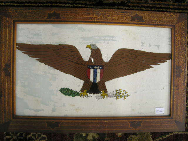 Appraisal: Eagle Folk Art Serving Tray reverse painted fancy inlay