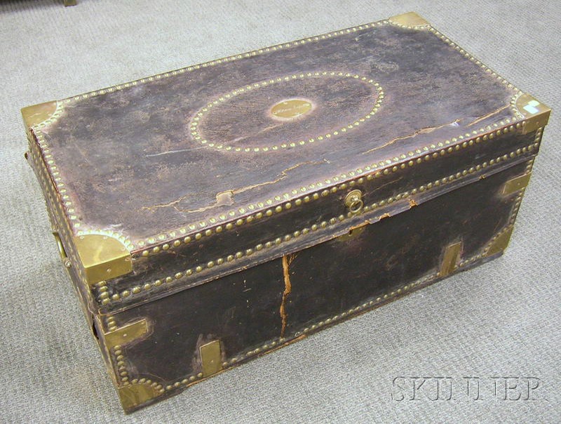 Appraisal: Chinese Export Brass-mounted Black Leather-clad Camphorwood Trunk lid with plaque