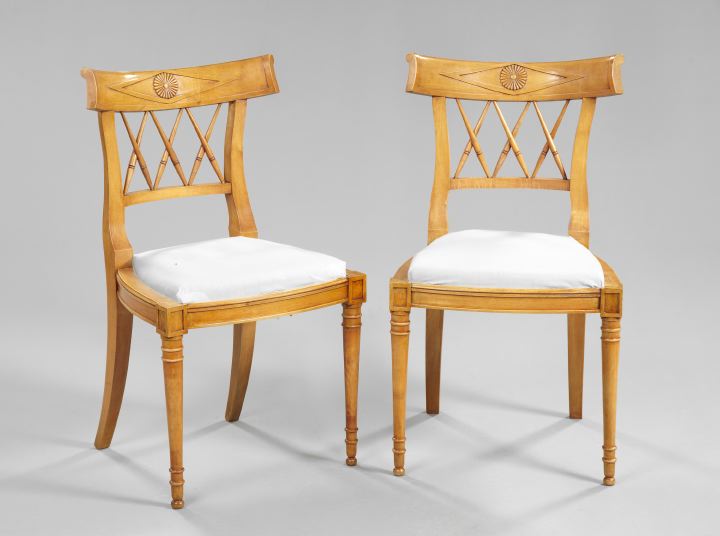 Appraisal: Pair of Directoire-Style Fruitwood Sidechairs each with a curved diamond-paneled