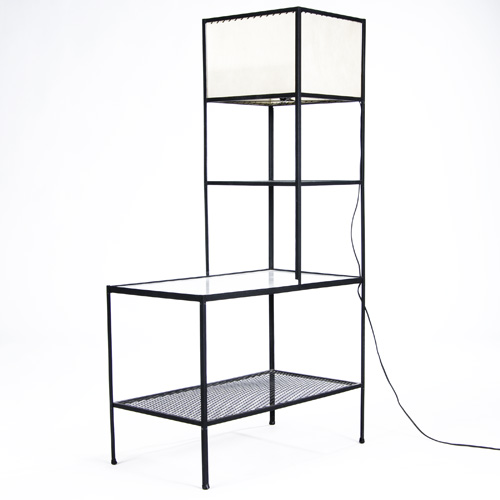 Appraisal: FREDERICK WEINBERG Wrought-iron illuminated end table with white laminate shelf