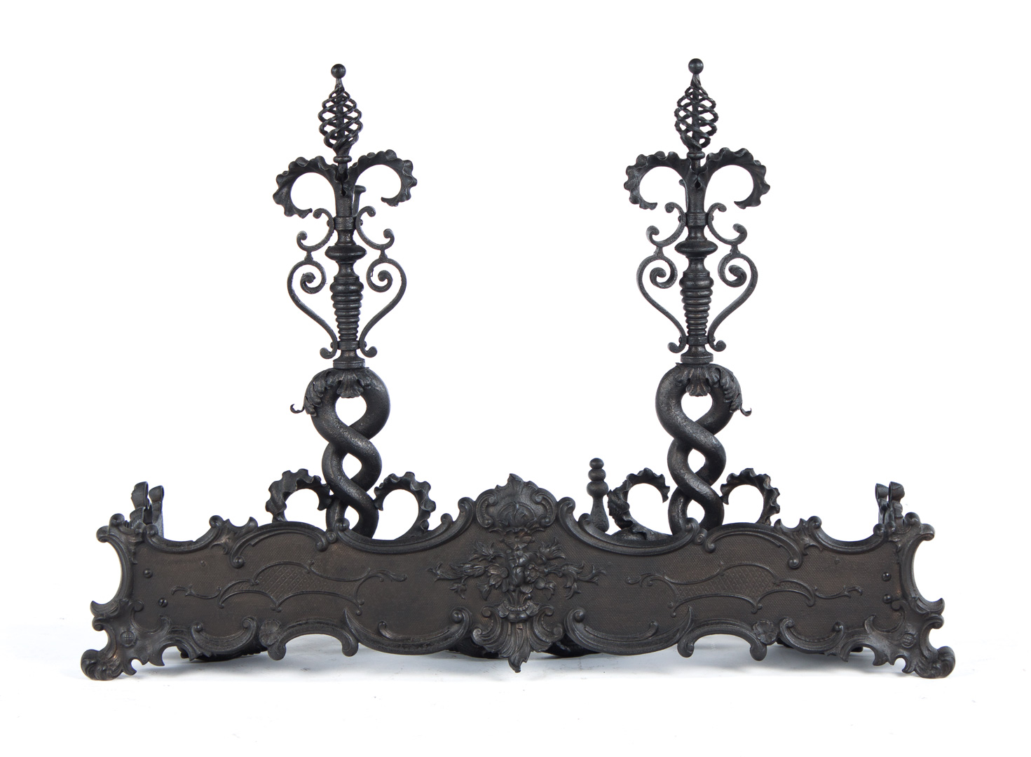 Appraisal: Pair of Art Nouveau cast iron andirons and fender early