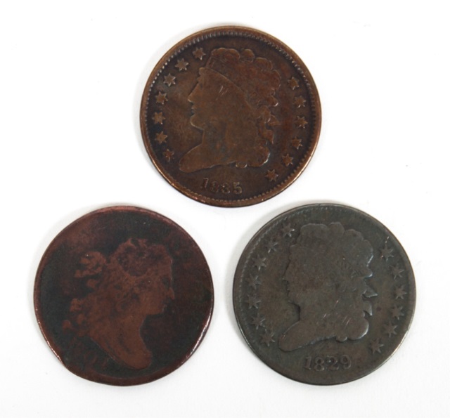 Appraisal: Three U S copper half cents comprising Draped Bust type