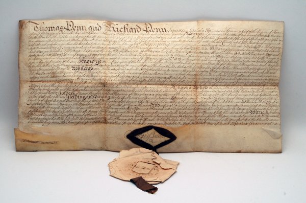 Appraisal: Vellum deed with attached paper wrapped wax seal conveying land