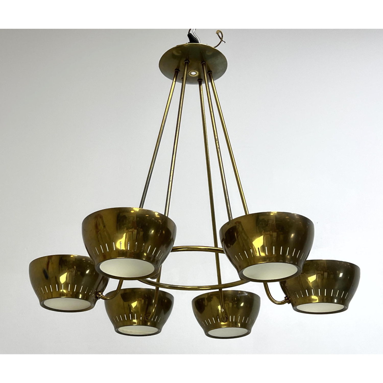 Appraisal: LIGHTOLIER Brass Six Shade Hanging Chandelier Modernist Brass shades with