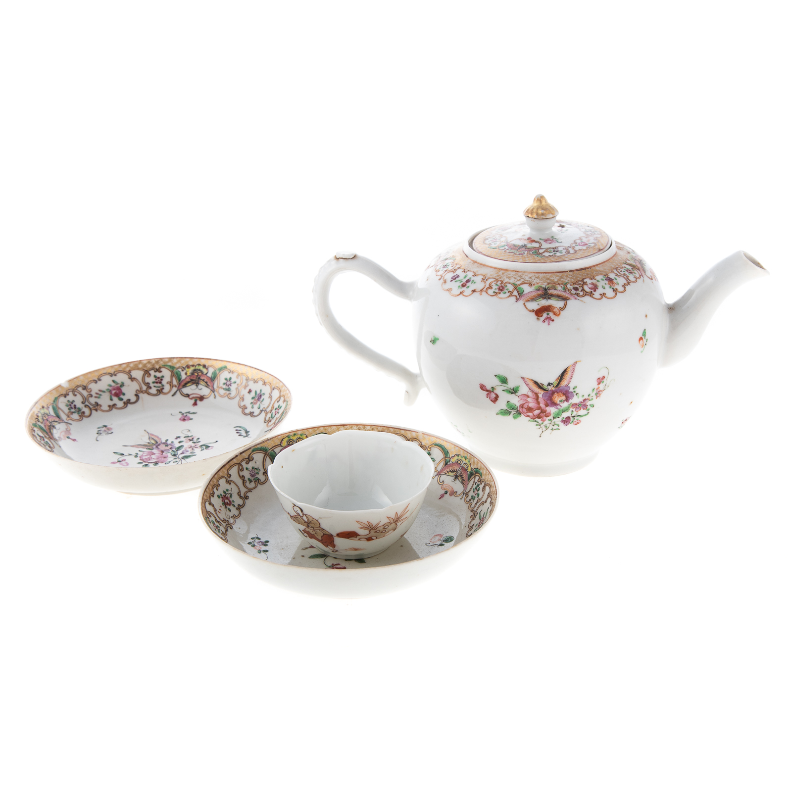 Appraisal: CHINESE EXPORT GLOBULAR TEAPOT TWO SAUCERS Circa Famille Rose teapot