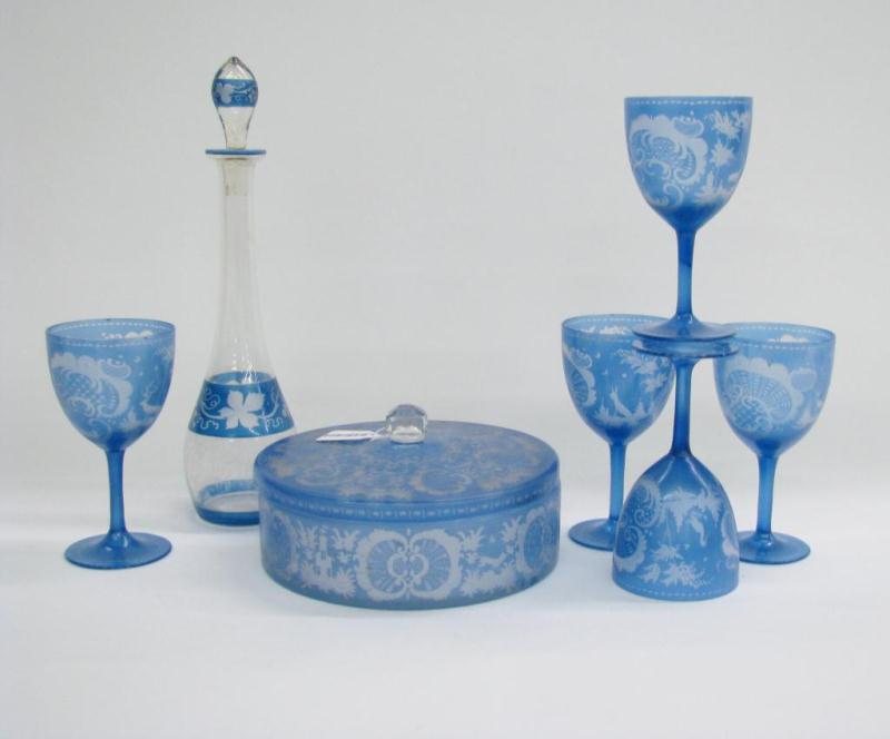 Appraisal: Group of blue cut-to-clear Bohemian glass including lidded candy bowl