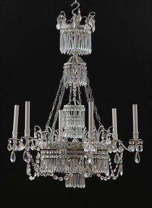 Appraisal: REGENCY-STYLE GLASS-HUNG IVORY-PAINTED METAL SIX-LIGHT CHANDELIER The primary pierced ring