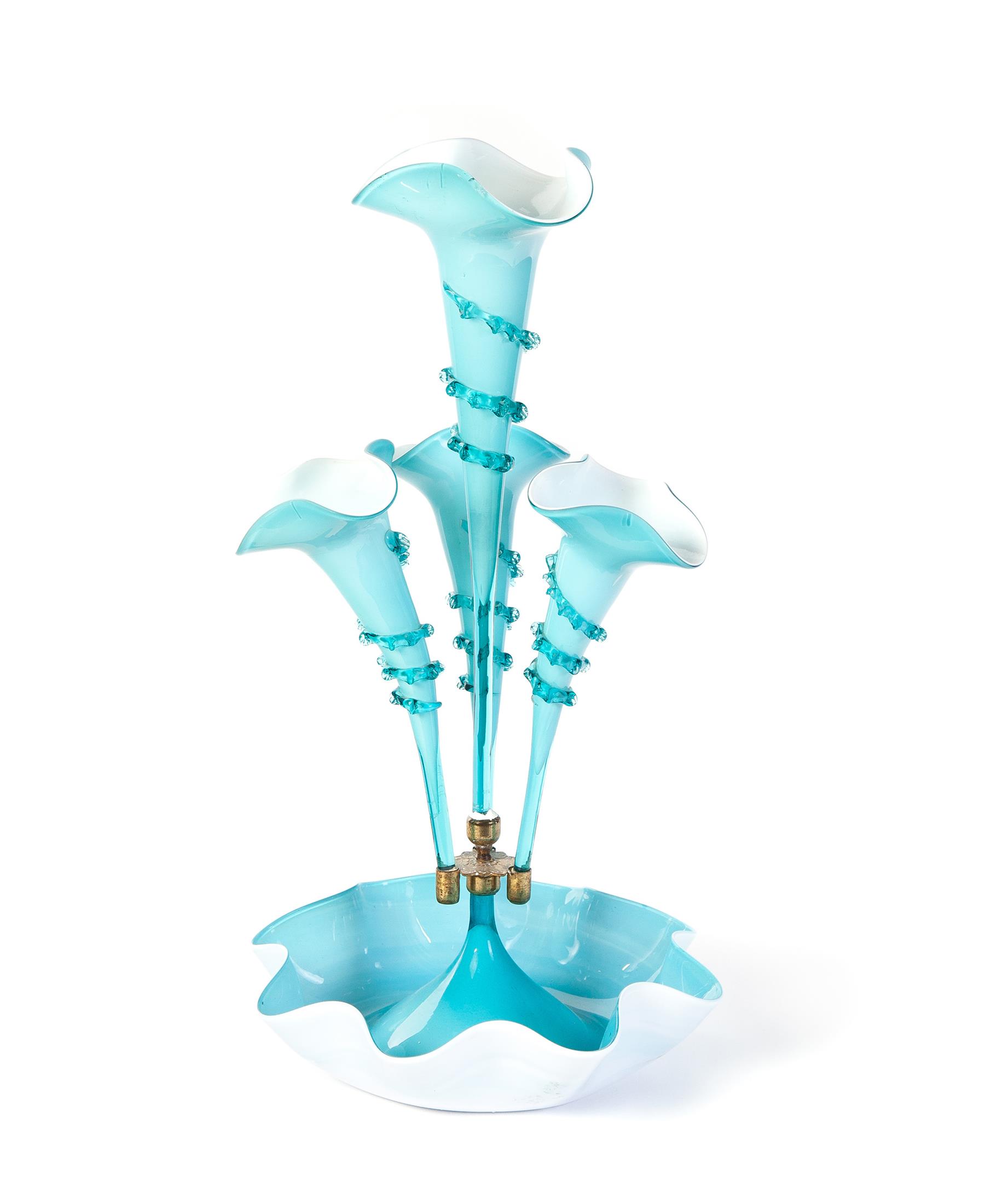 Appraisal: TURQUOISE CASE GLASS EPERGNE WITH FOUR HORNS England th quarter-