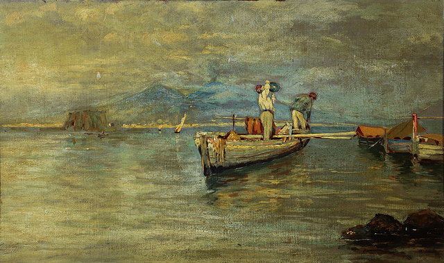 Appraisal: J LEIGHTONFishermen in a boat off the Bay of Naples