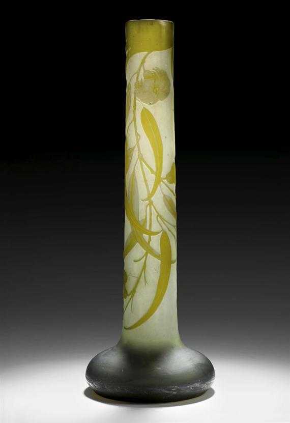 Appraisal: GALL MILE VASE circa Acid-etched white glass with blue and