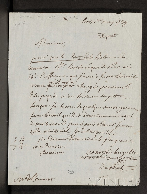 Appraisal: Du Pont de Nemours Pierre Samuel - Autograph letter signed