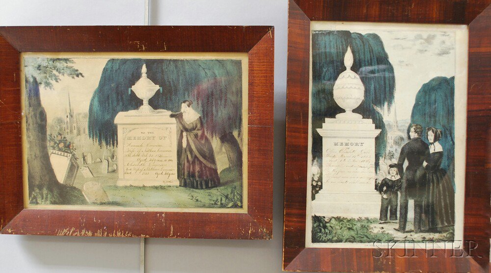 Appraisal: Two Currier th Century Memorial Hand-colored Lithographs each with handwritten