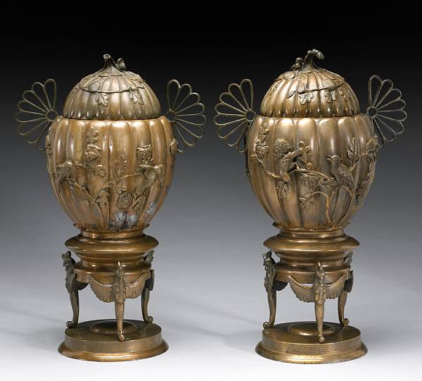 Appraisal: A pair of copper-alloy chrysanthemum urns Meiji Taisho Period Each